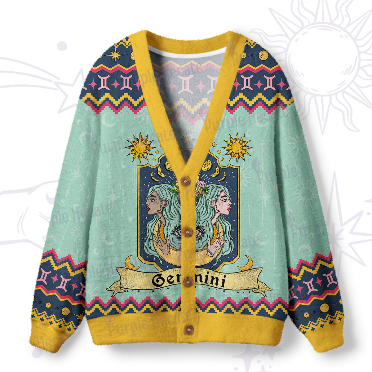 Purplehecate Gemini Zodiac Ugly Cardigan Sweaters
