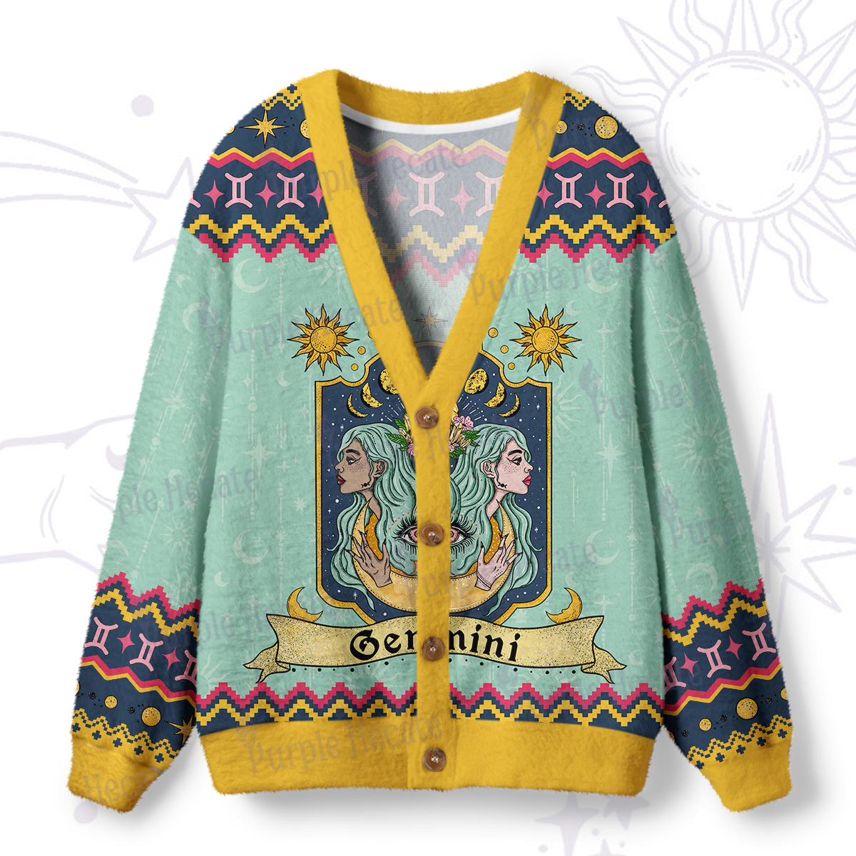 Purplehecate Gemini Zodiac Ugly Cardigan Sweaters