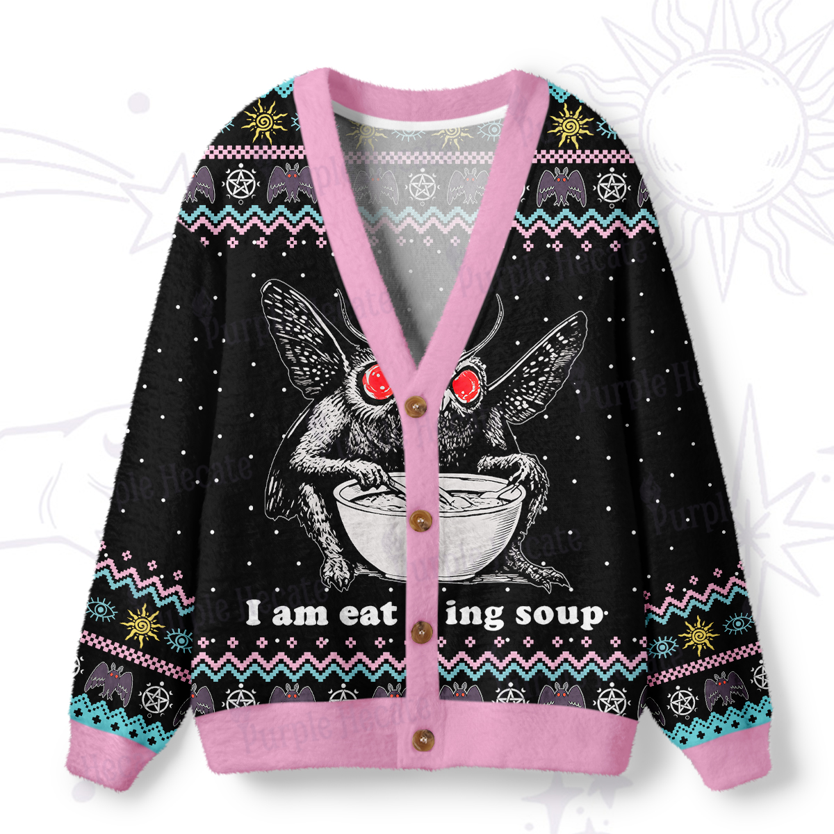 Purplehecate Mothman Eating Soup Ugly Cardigan Sweaters