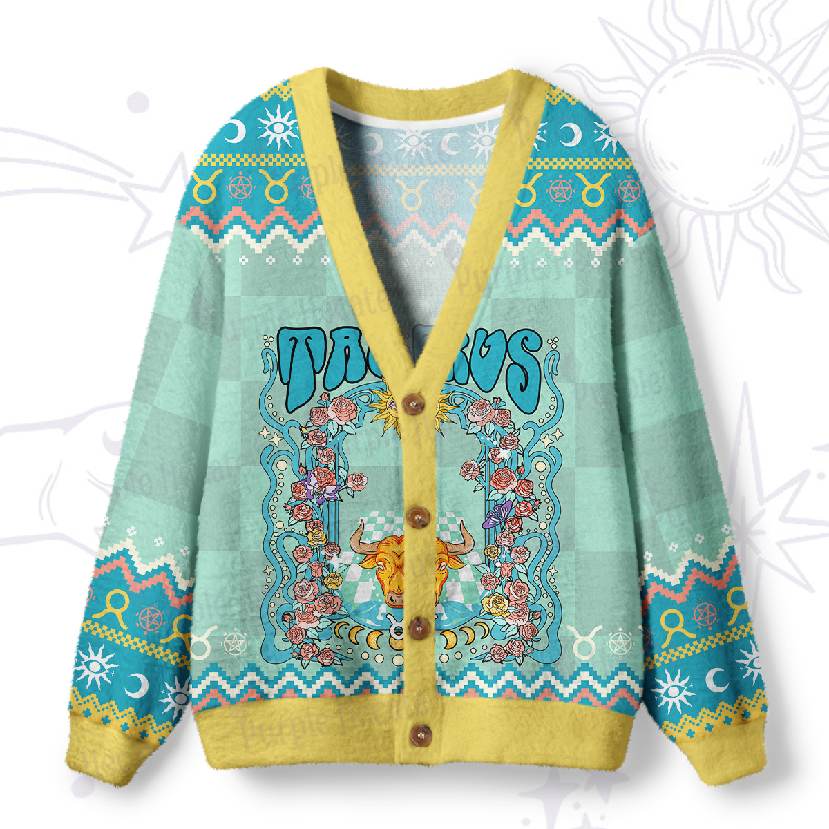 Purplehecate Taurus Spirit Zodiac Ugly Cardigan Sweaters