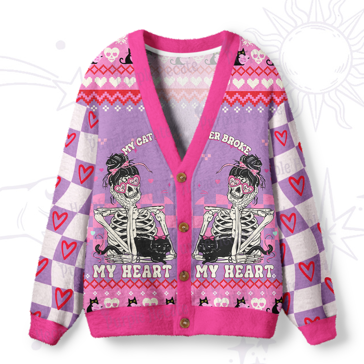 Purplehecate My Cat Never Broke My Heart Valentine Ugly Cardigan Sweaters