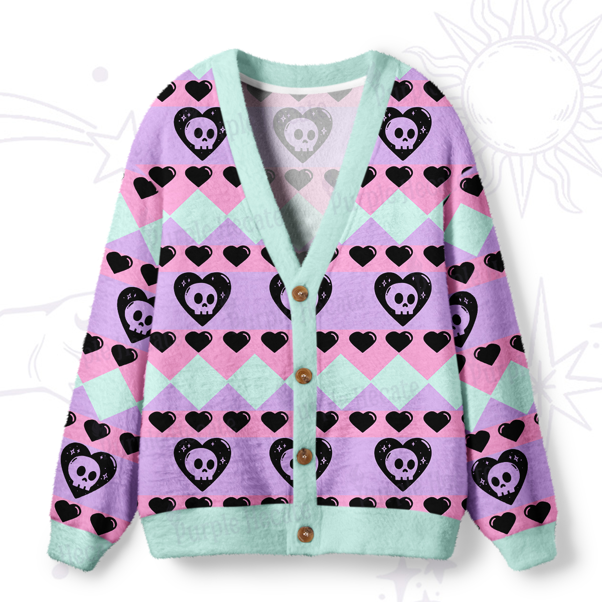 Purplehecate Sweet Yet Spooky Skull Heart Ugly Cardigan Sweaters