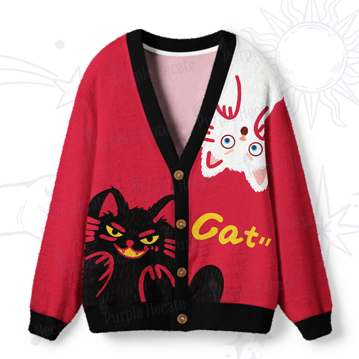 Purplehecate Mischievous Cat Lovers Ugly Cardigan Sweaters