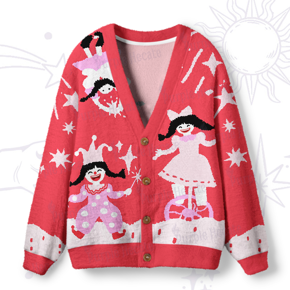 Purplehecate Joyful Circus Girl Ugly Cardigan Sweaters