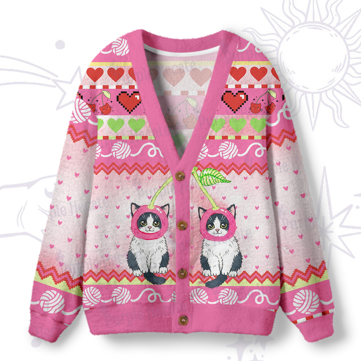 Purplehecate Sweet Cherry Cats Ugly Cardigan Sweaters