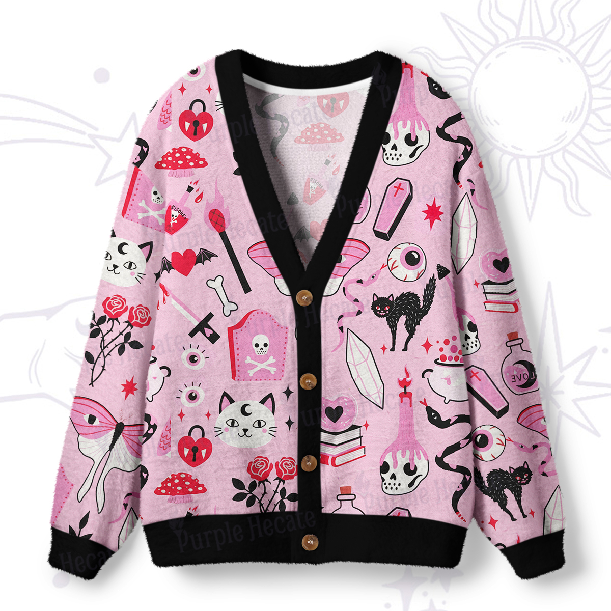 Purplehecate Black Cat Witchy Pink Ugly Cardigan Sweaters