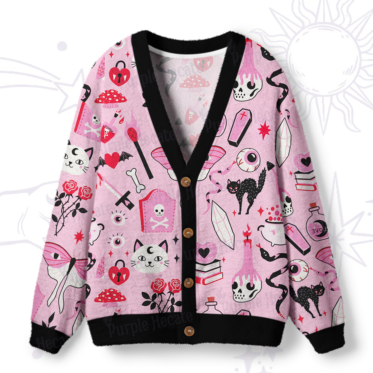 Purplehecate Black Cat Witchy Pink Ugly Cardigan Sweaters