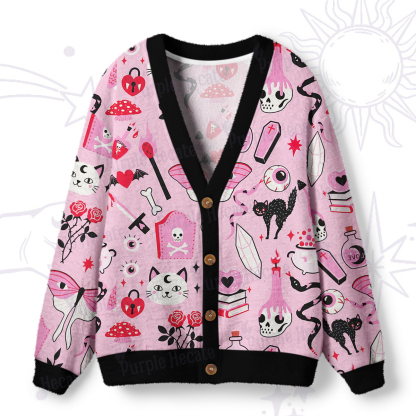 Purplehecate Black Cat Witchy Pink Ugly Cardigan Sweaters
