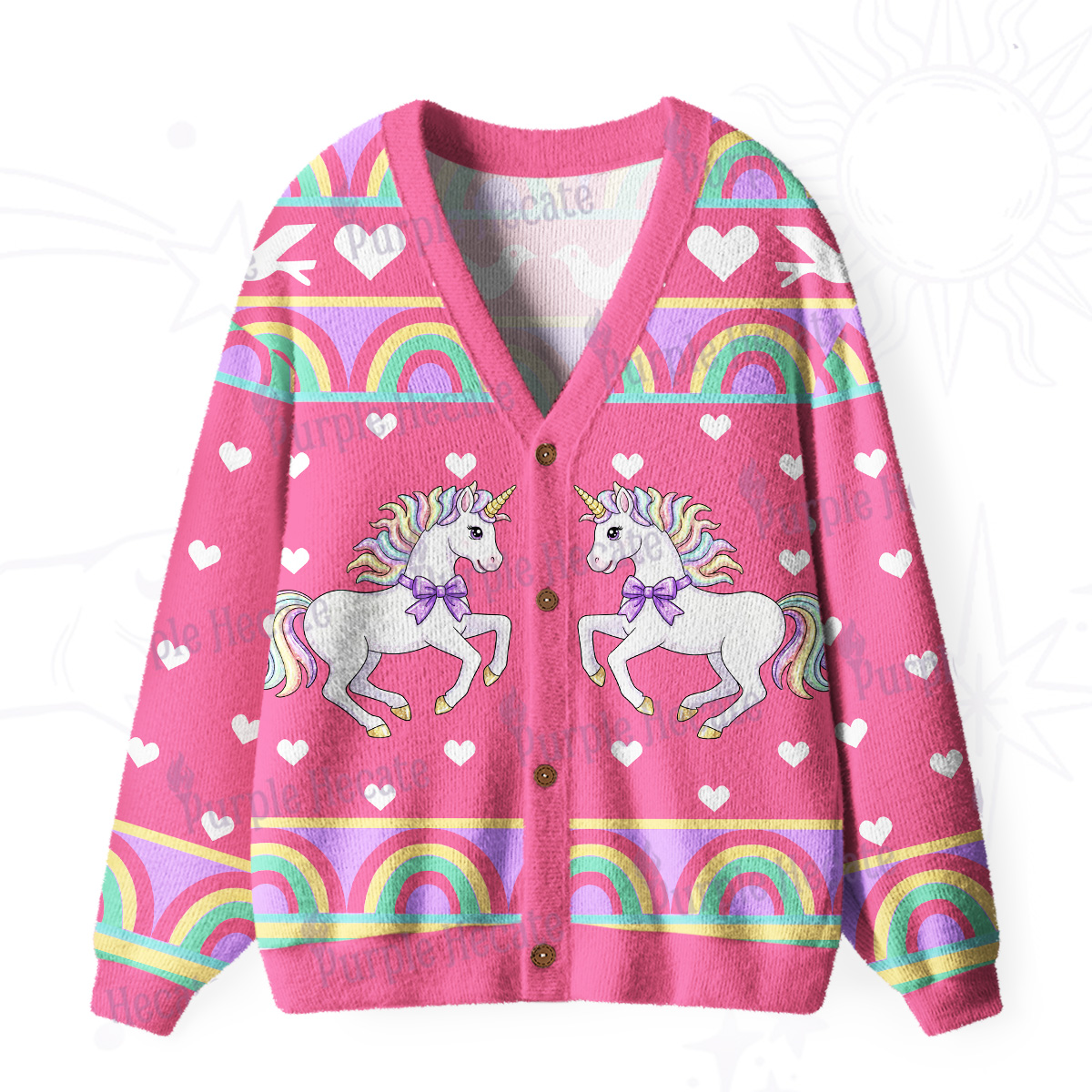 Purplehecate Enchanted Unicorn Rainbow Ugly Cardigan Sweaters