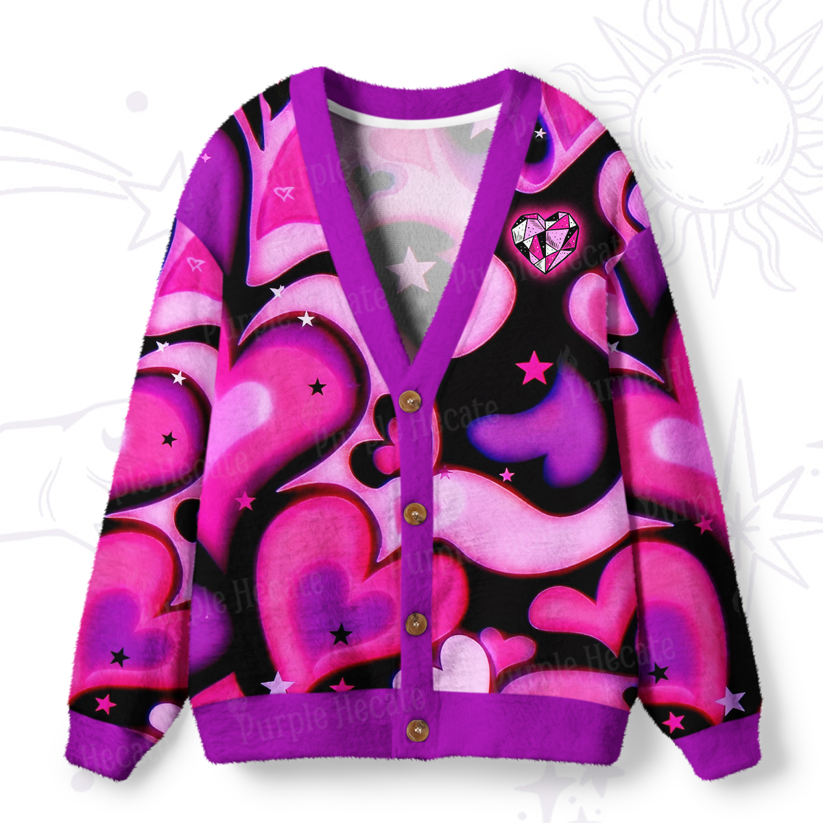 Purplehecate Cosmic Hearts and Stars Ugly Cardigan Sweaters