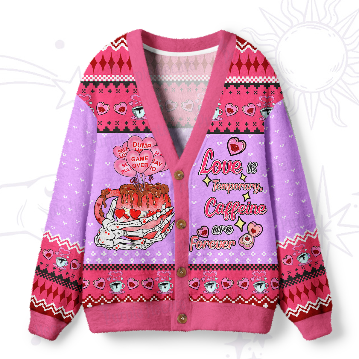 Purplehecate Purplehecate Love is Temporary, Caffeine are Forever Ugly Cardigan Sweaters