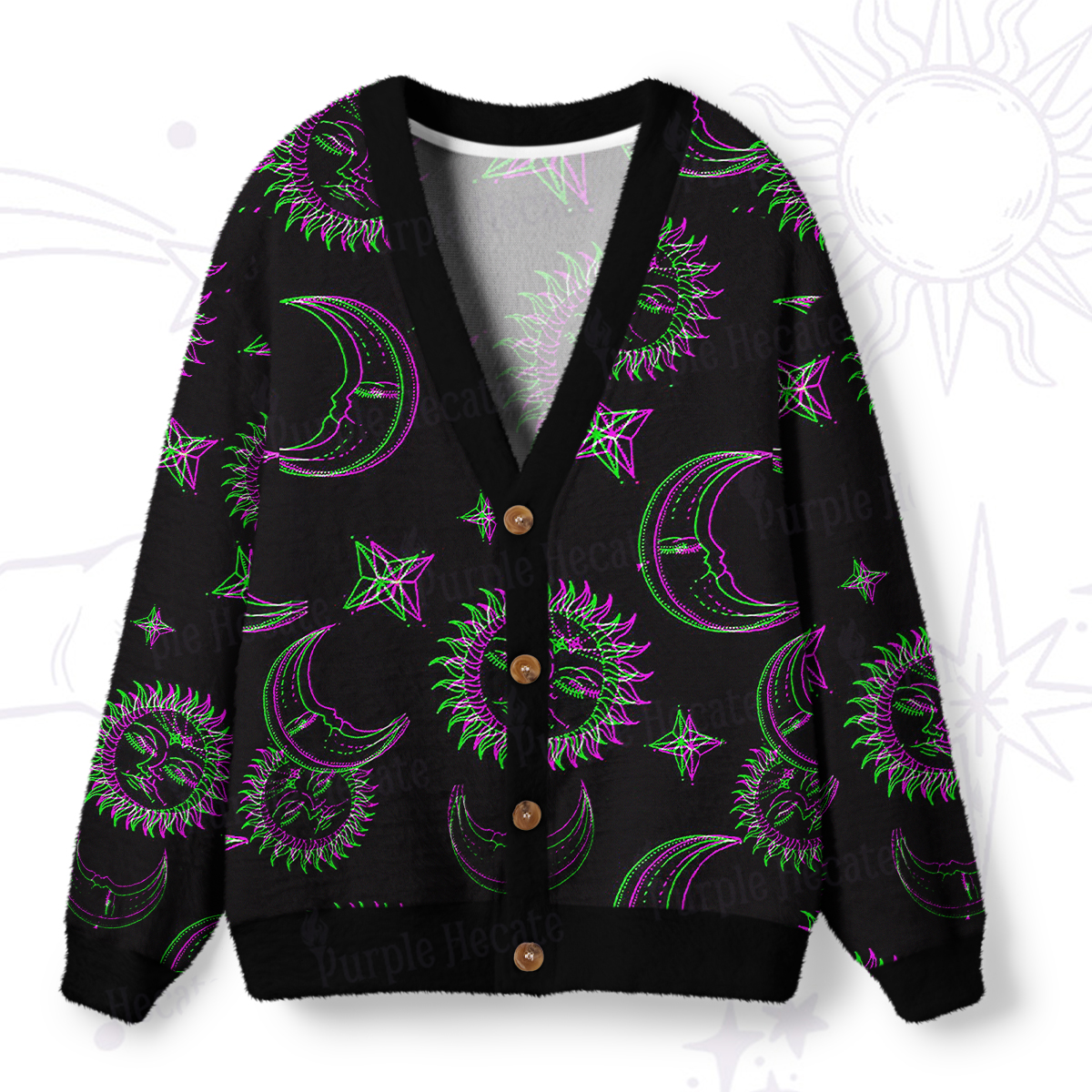 Purplehecate Neon Moon Magic Ugly Cardigan Sweaters