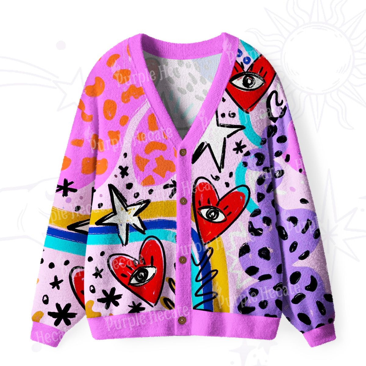 Purplehecate Cosmic Love Eyes Graffiti Ugly Cardigan Sweaters