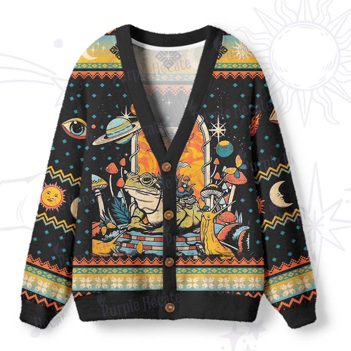 Purplehecate Frog and Mushroom Ugly Cardigan Sweaters
