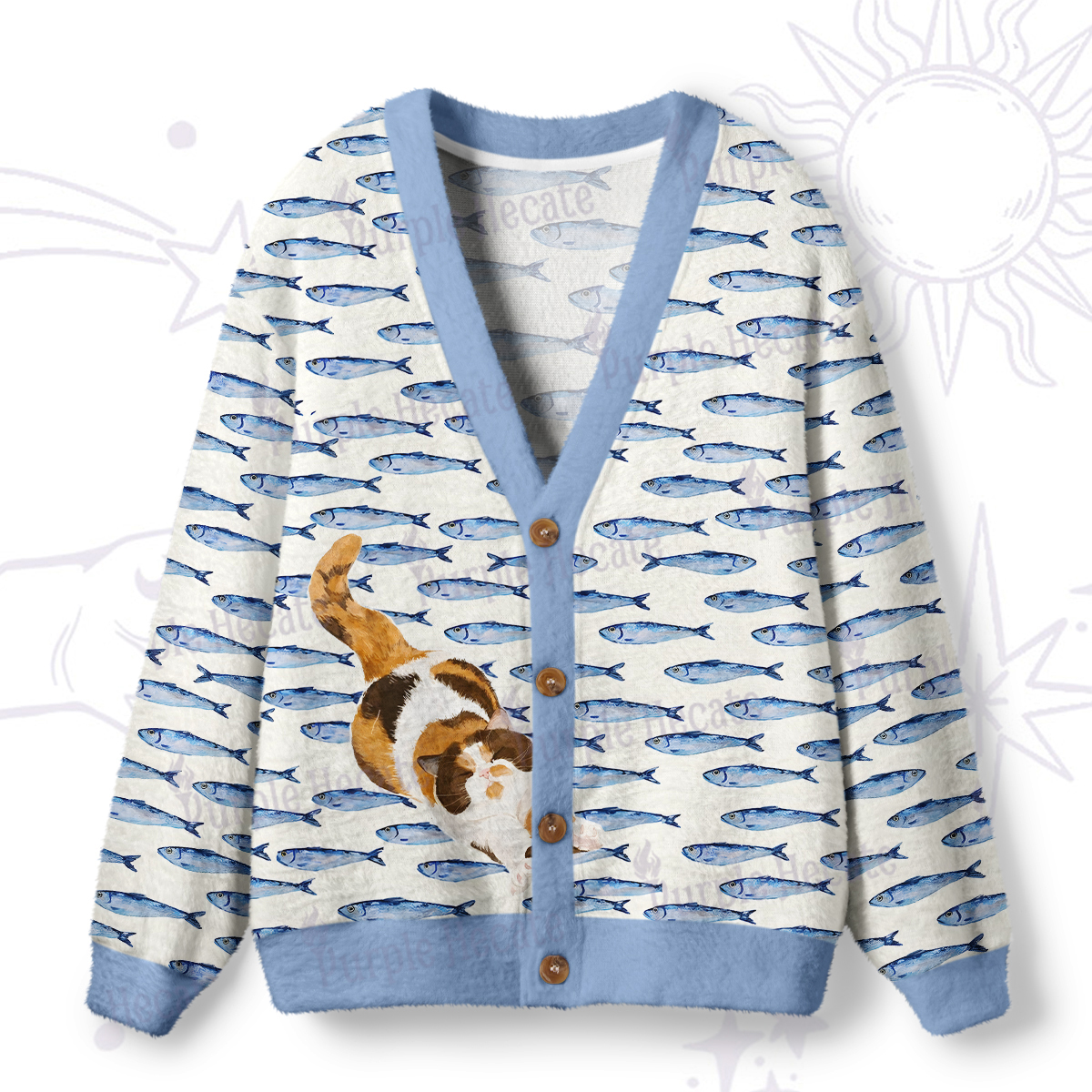 Purplehecate Cat Chasing Fish Ugly Cardigan Sweaters