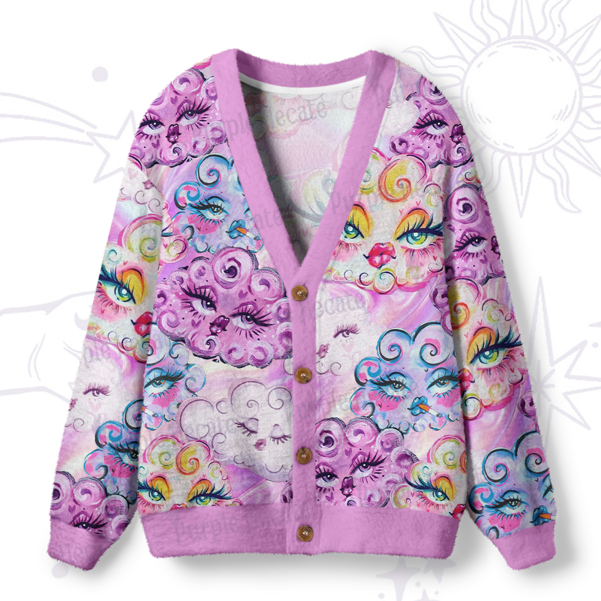 Purplehecate Dreamy Cloud Faces Ugly Cardigan Sweaters