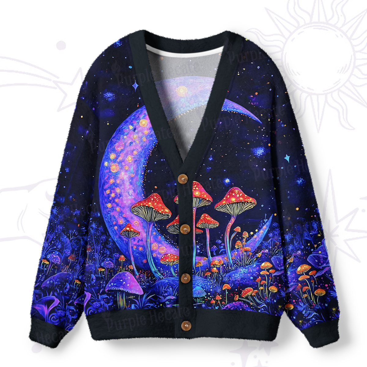 Purplehecate Neon Fungal Lunar Realm Ugly Cardigan Sweaters