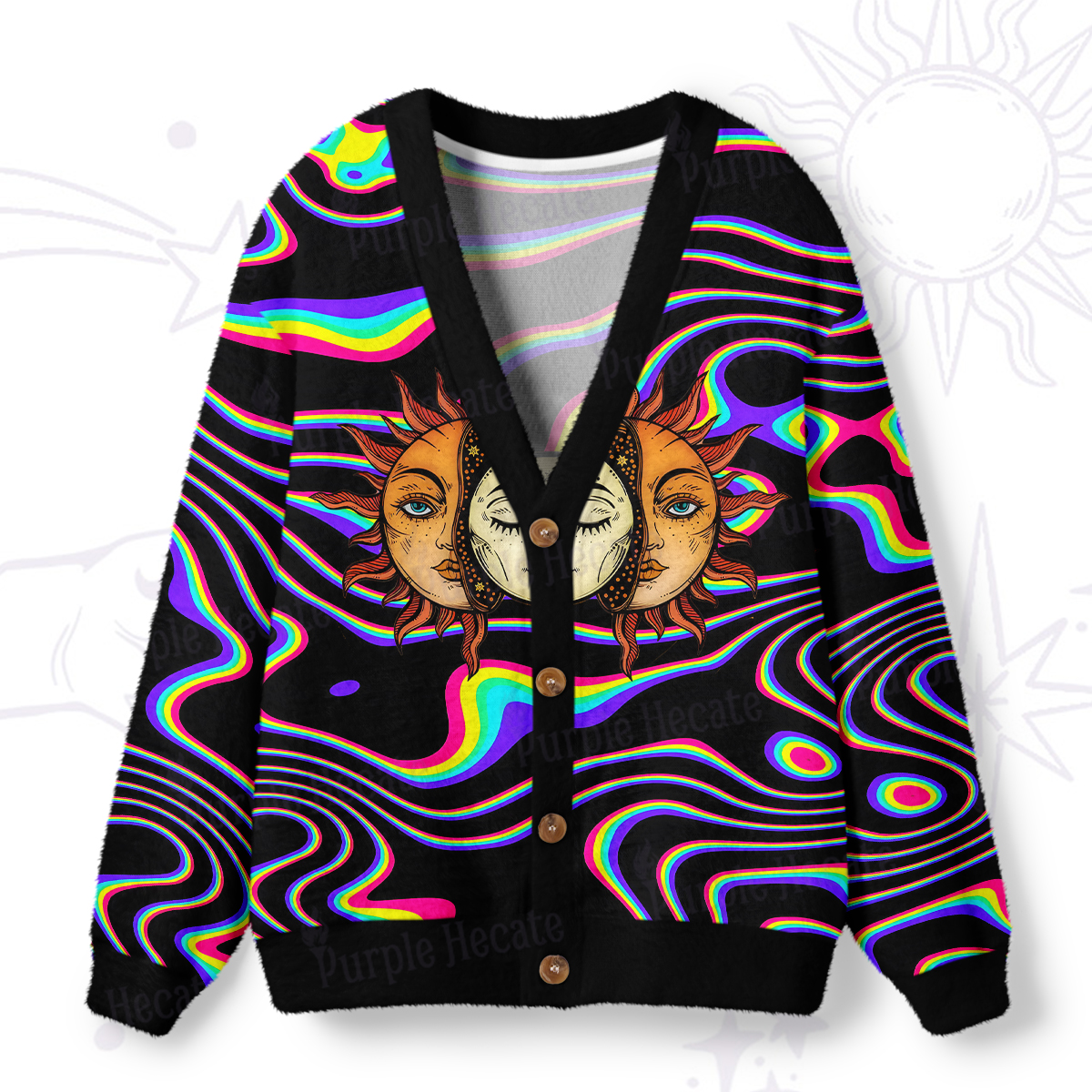 Purplehecate Psychedelic Sun and Moon Ugly Cardigan Sweaters