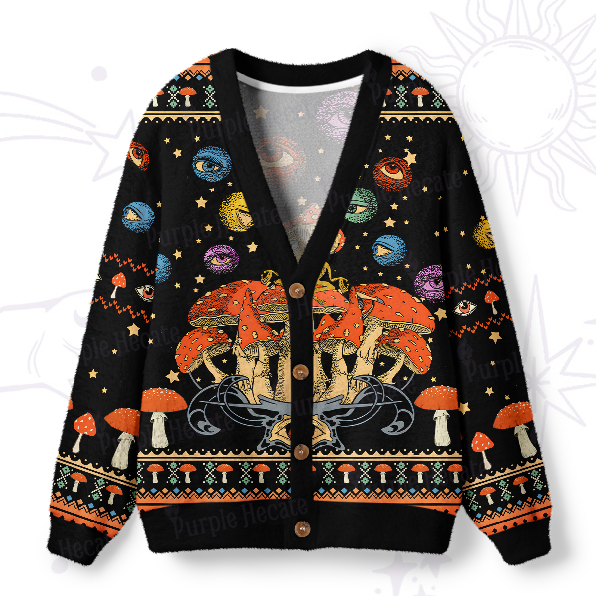 Purplehecate Mystical Mushroom Galaxy Ugly Cardigan Sweaters