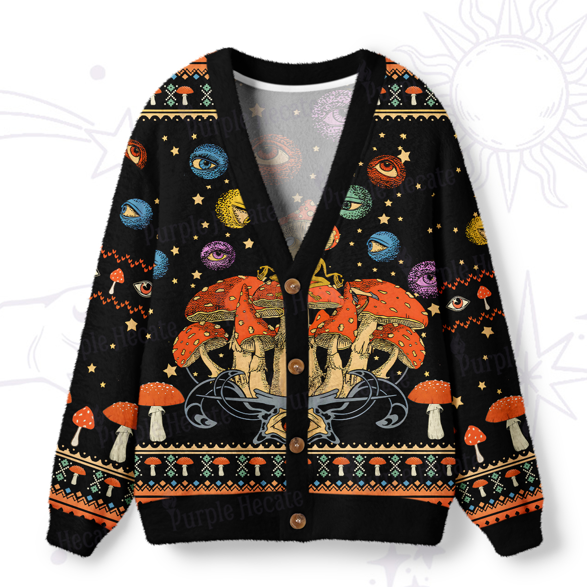 Magic Purplehecate Mystical Mushroom Galaxy Ugly Cardigan Sweaters