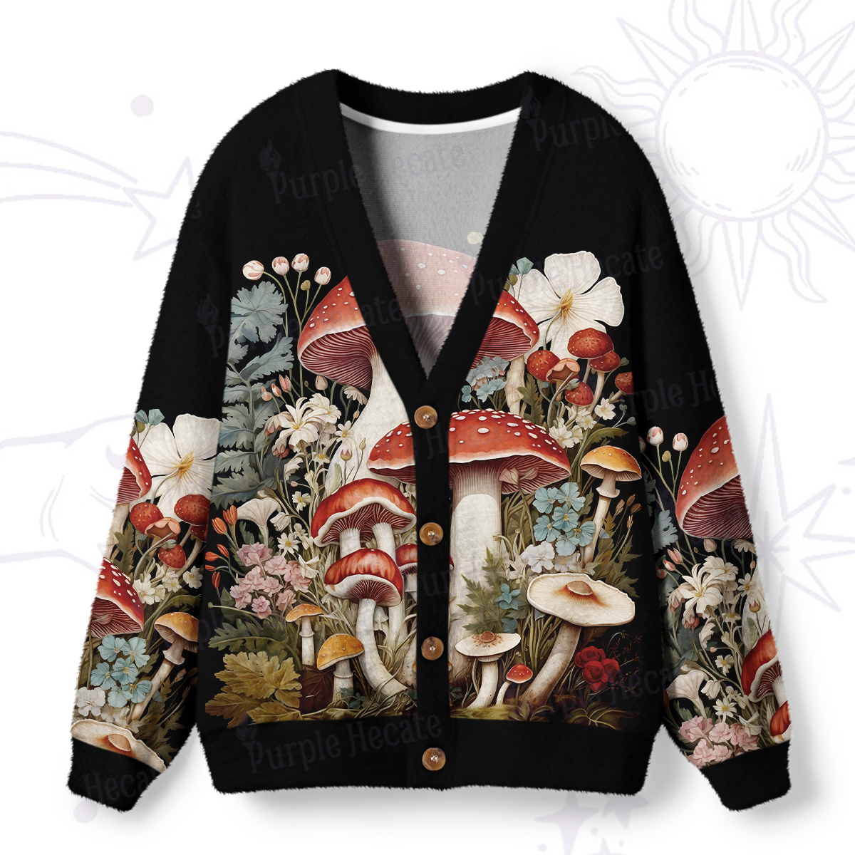 Purplehecate Whimsical Mushroom and Floral Ugly Cardigan Sweaters