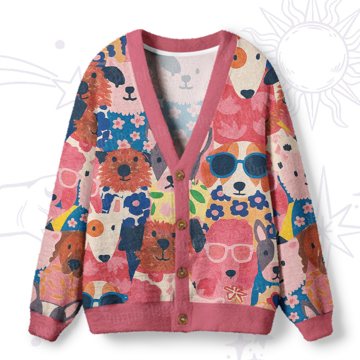Purplehecate Happy Dog Faces Ugly Cardigan Sweaters