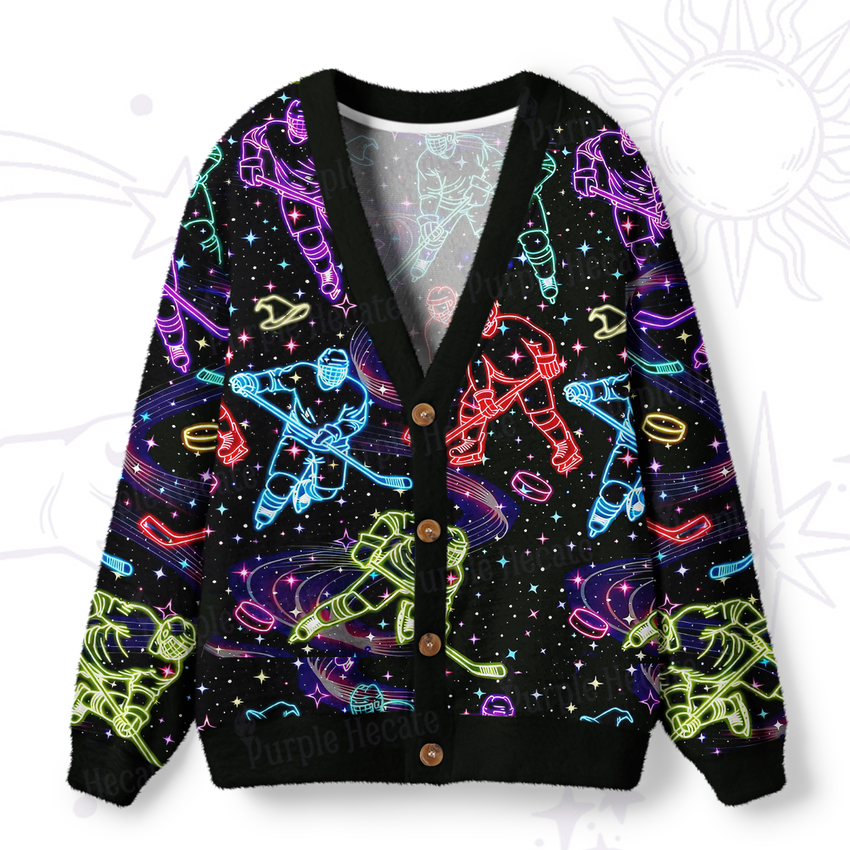 Purplehecate Neon Night Hockey Ugly Cardigan Sweaters