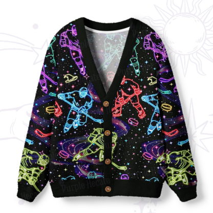 Purplehecate Neon Night Hockey Ugly Cardigan Sweaters