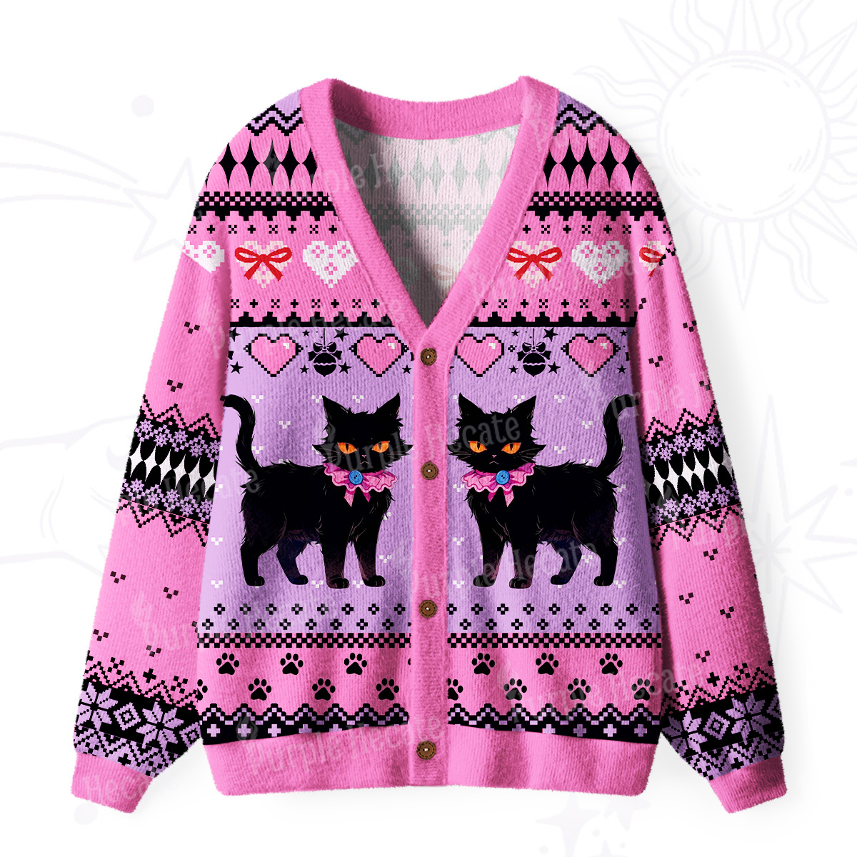 Purplehecate UWitchy Black Cat Heart Ugly Cardigan Sweaters