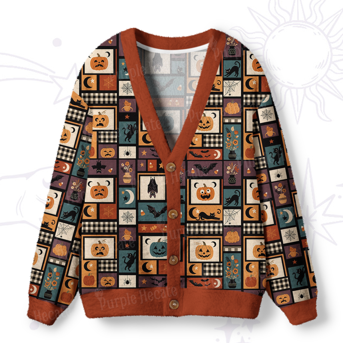 Purplehecate Halloween Patchwork Pattern Ugly Cardigan Sweaters