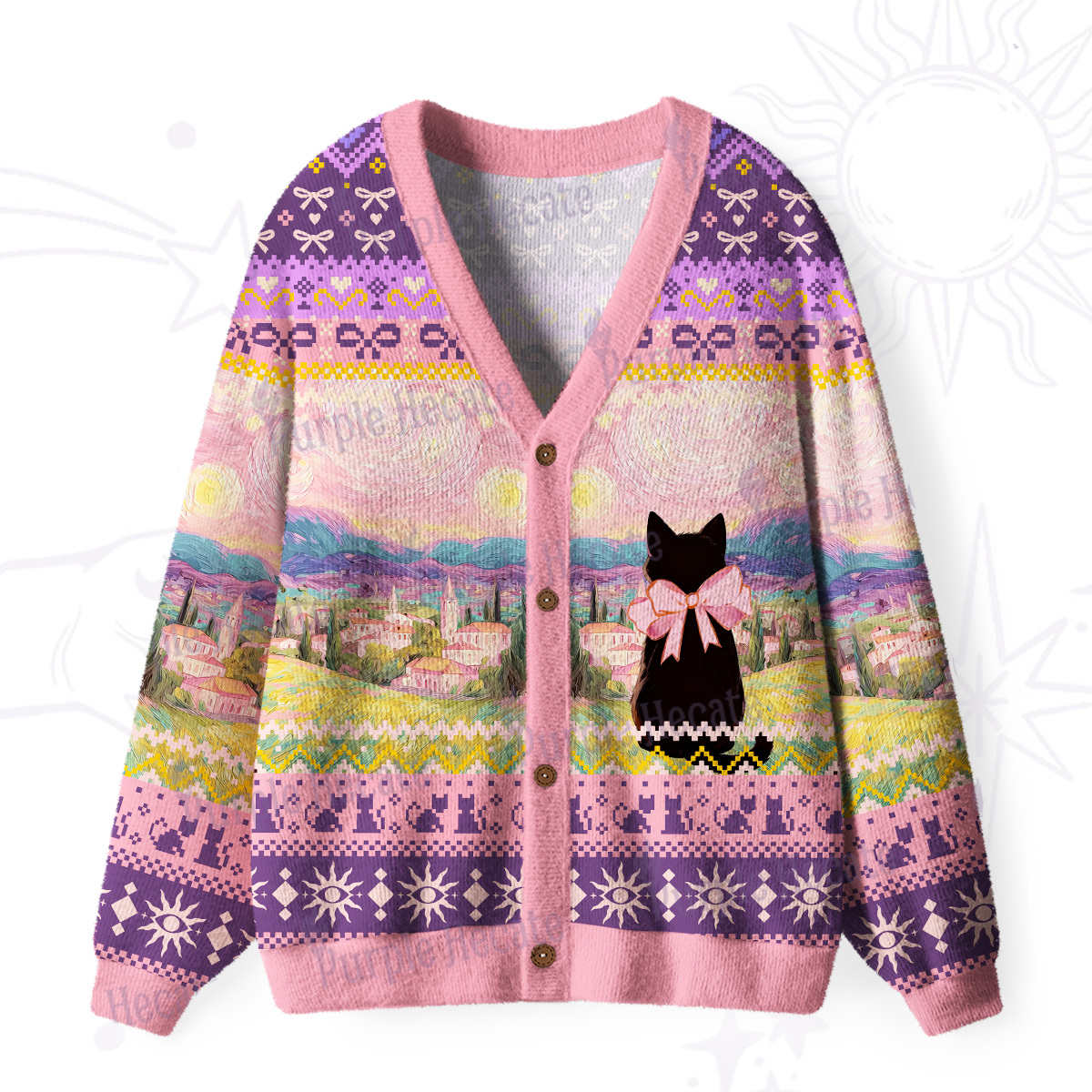 Purplehecate Starlit Witchy Night Cat Ugly Cardigan Sweaters