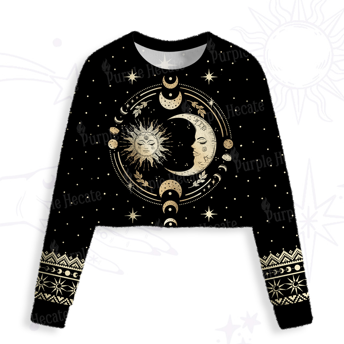 Purplehecate Celestial Sun and Moon Crop Fuzzy Ugly Sweatshirt