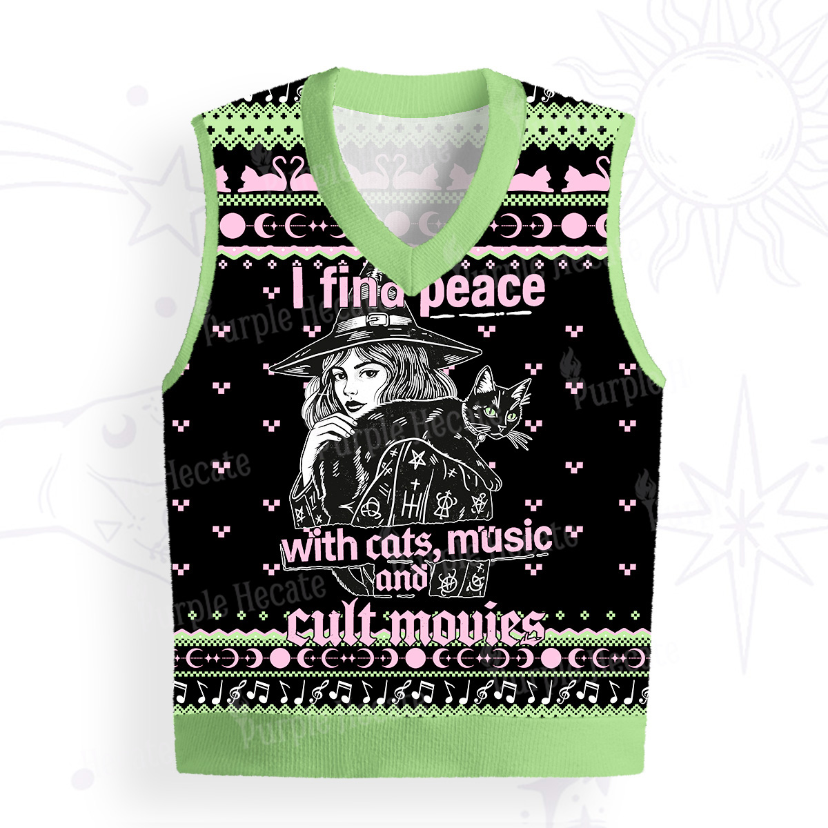 Purplehecate I Find Peace With Cats Music Cult Movies Ugly Sweater Vest
