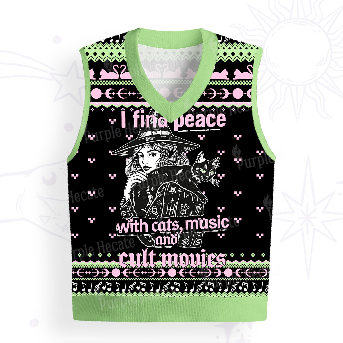 Purplehecate I Find Peace With Cats Music Cult Movies Ugly Sweater Vest