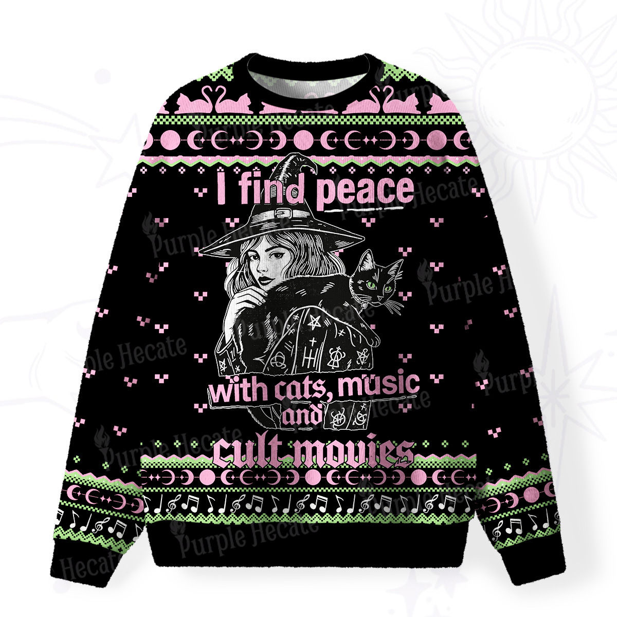 Purplehecate I Find Peace With Cats Music Cult Movies Fuzzy Ugly Sweatshirt