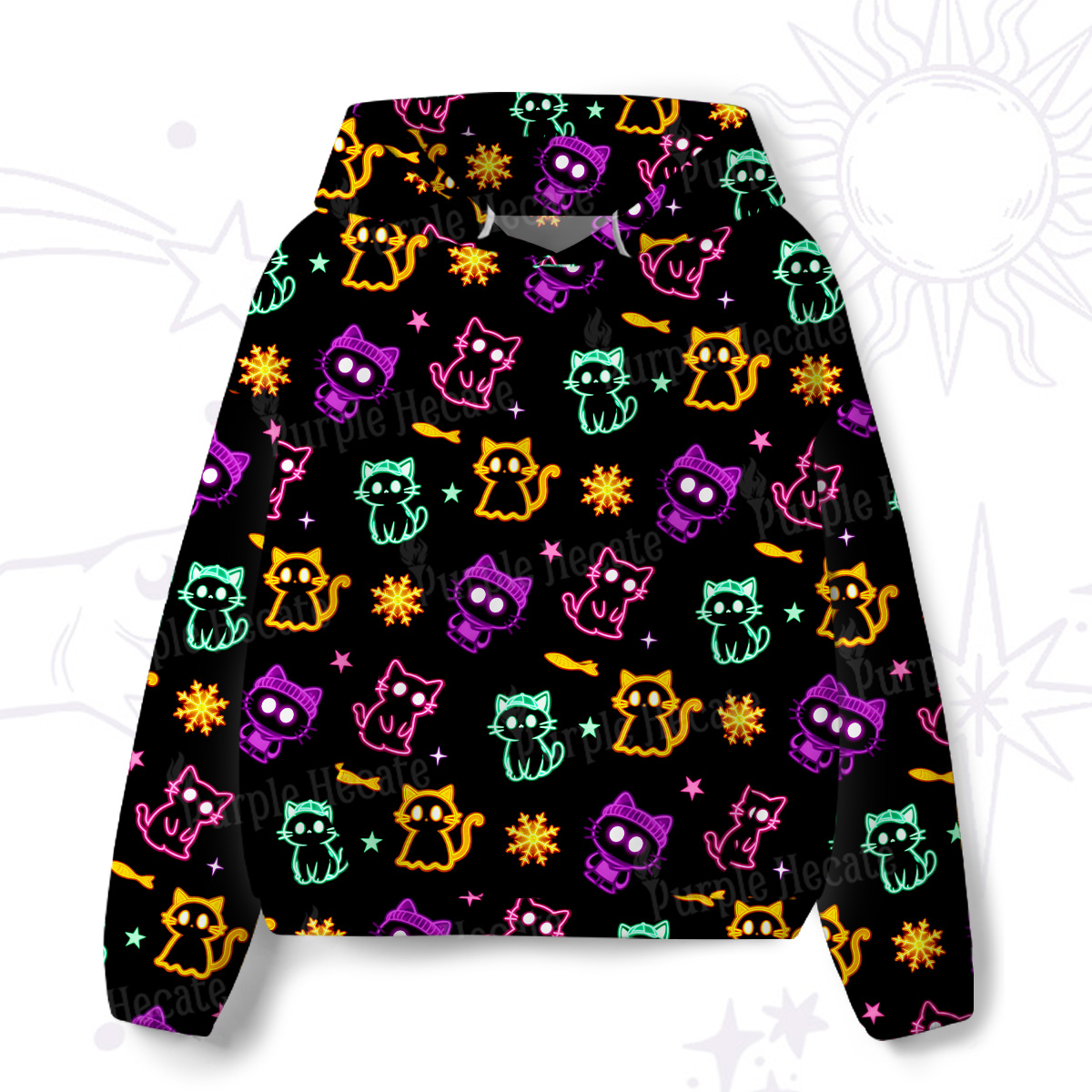 Purplehecate Neon Cat Party All-Over Print Hoodie