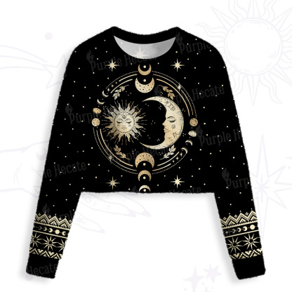 Purplehecate Celestial Sun and Moon Crop Fuzzy Ugly Sweatshirt