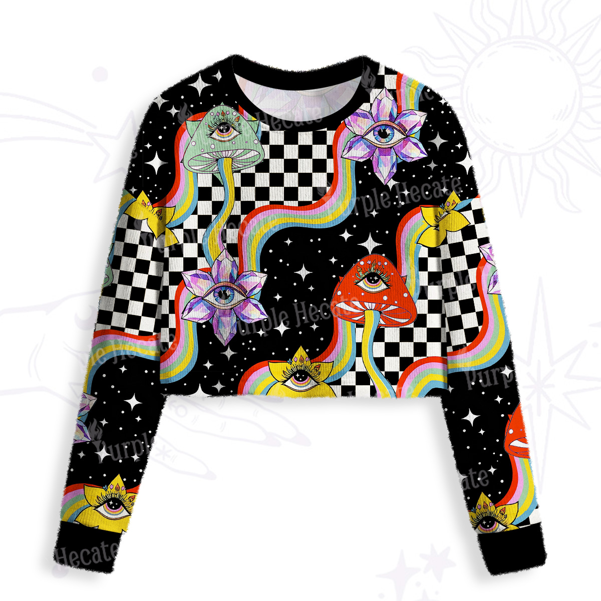 Purplehecate Enchanted Mushroom Eye Blossom Crop Fuzzy Ugly Sweatshirt