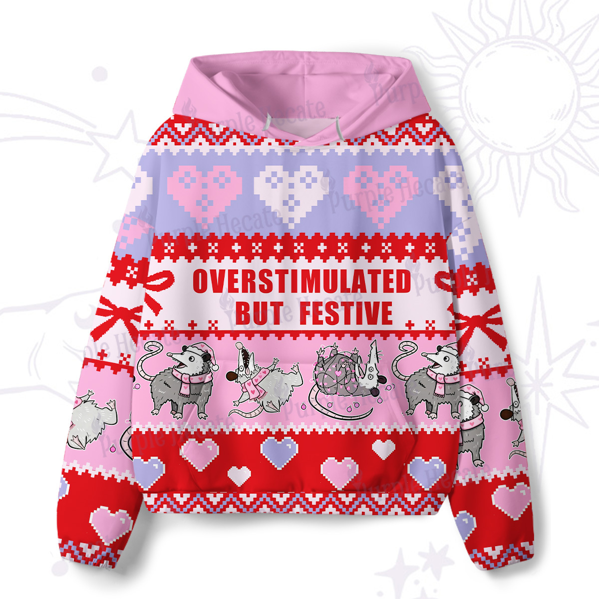 Purplehecate Overstimulated But Festive Possum Valentine All-Over Print Hoodie