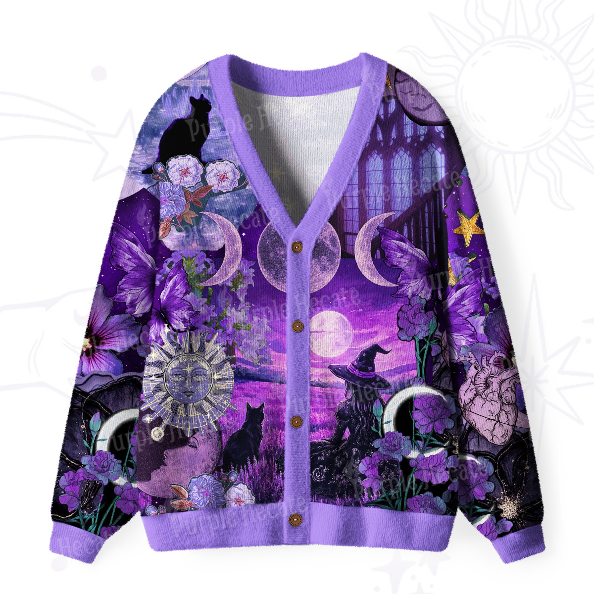 Purplehecate Witchy Black Cat Moon Ugly Cardigan Sweaters