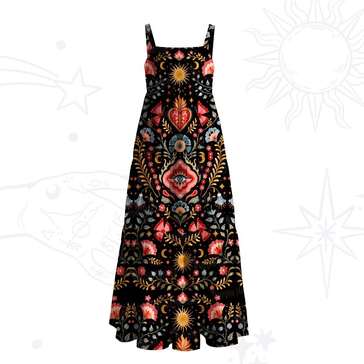Purplehecate Sunlit Heart Folk Floral Wide Straps Maxi Dress