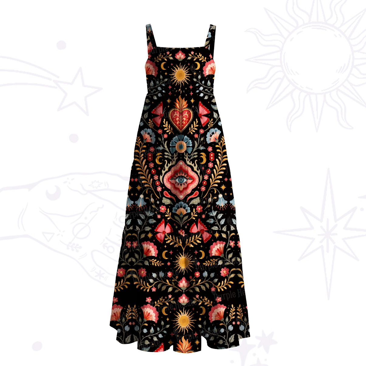 Purplehecate Sunlit Heart Folk Floral Wide Straps Maxi Dress