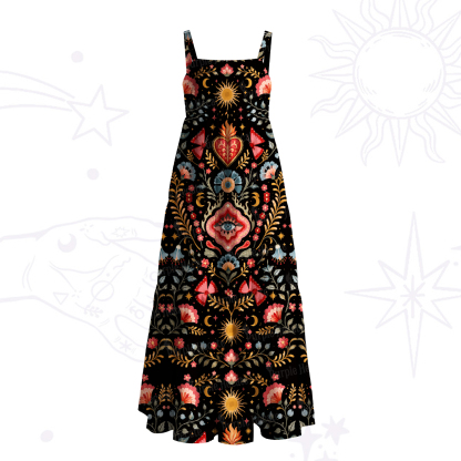 Purplehecate Sunlit Heart Folk Floral Wide Straps Maxi Dress
