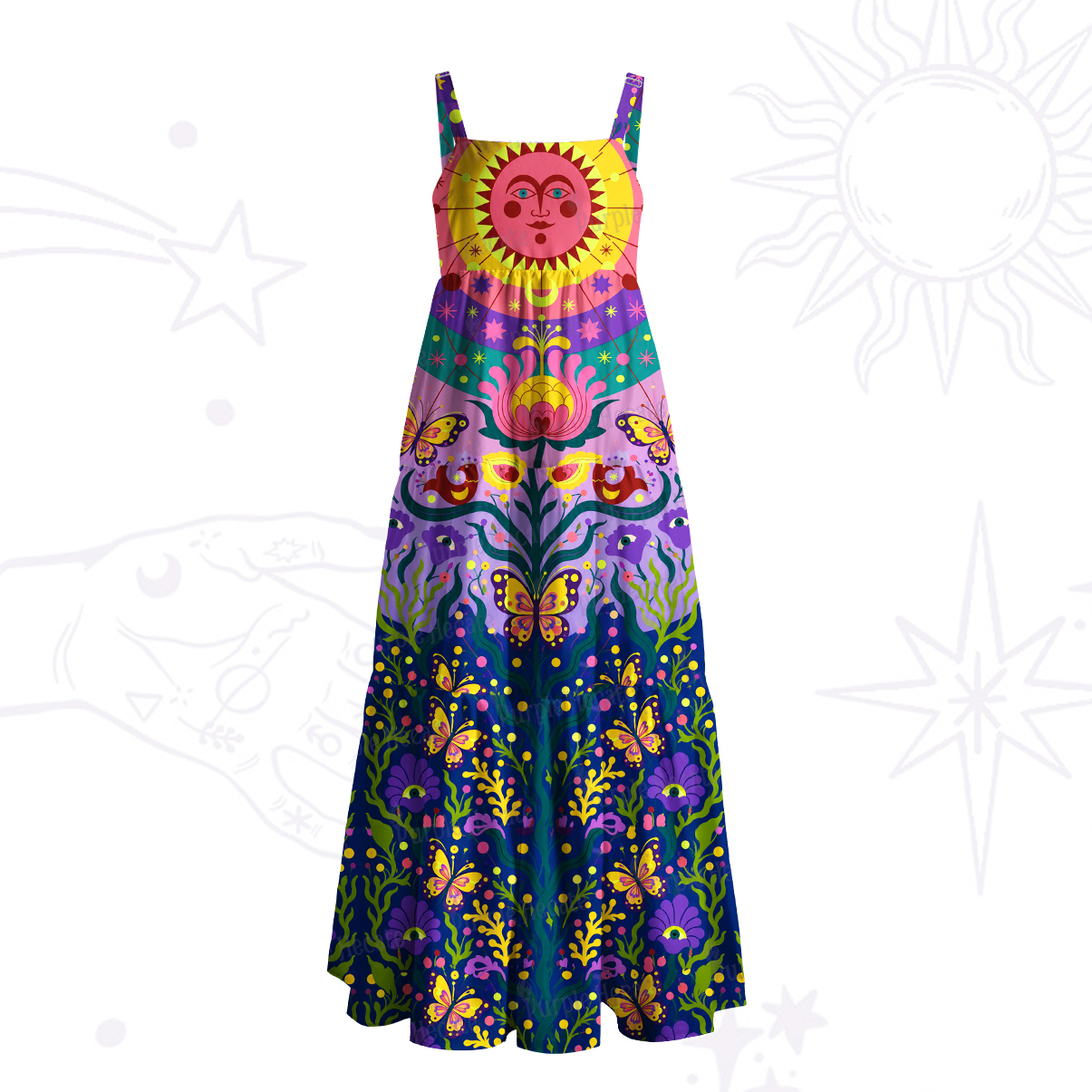 Purplehecate Psychedelic Sunshine Garden Wide Straps Maxi Dress