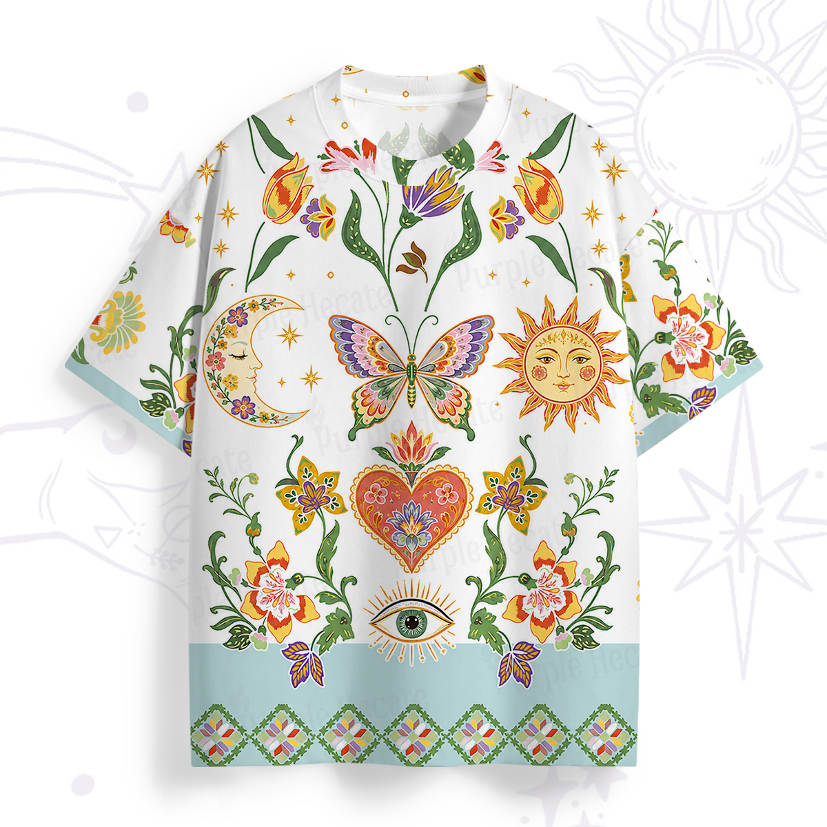 Purplehecate Boho Sun Moon Heart & Eye All Over Print T-Shirt