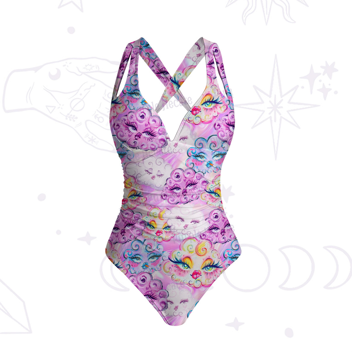 Purplehecate Dreamy Cloud Faces One-Piece Swimsuit