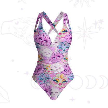 Purplehecate Dreamy Cloud Faces One-Piece Swimsuit