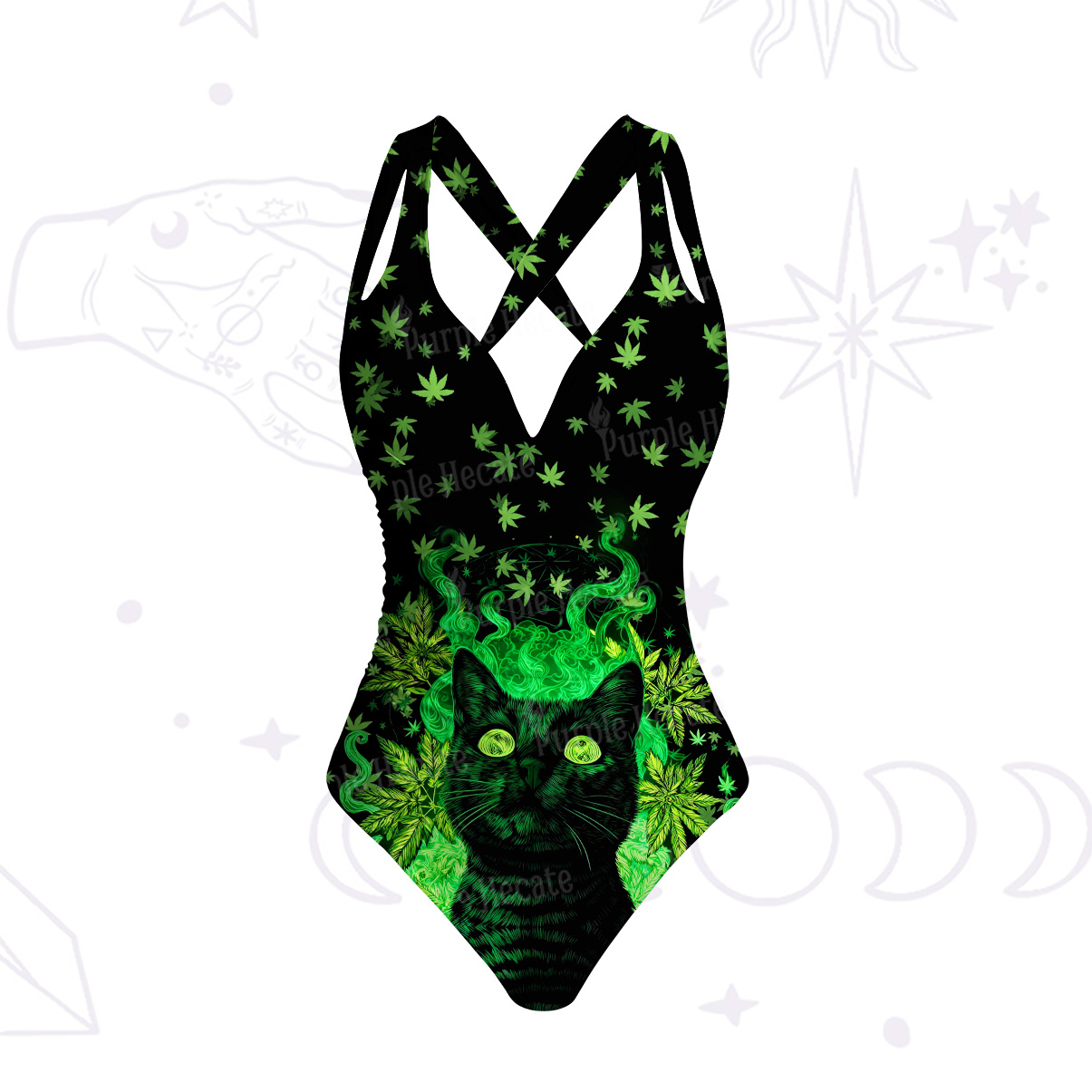 Purplehecate Trippy Glow Cat 420 Vibes One-Piece Swimsuit