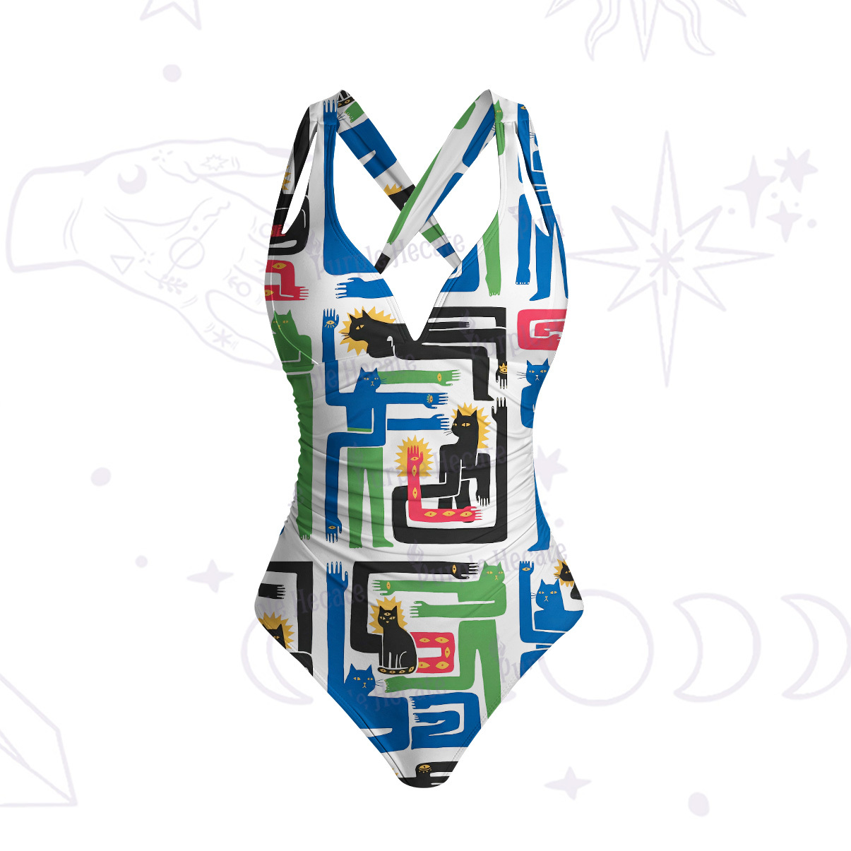 Purplehecate Whimsical Abstract Cat One-Piece Swimsuit