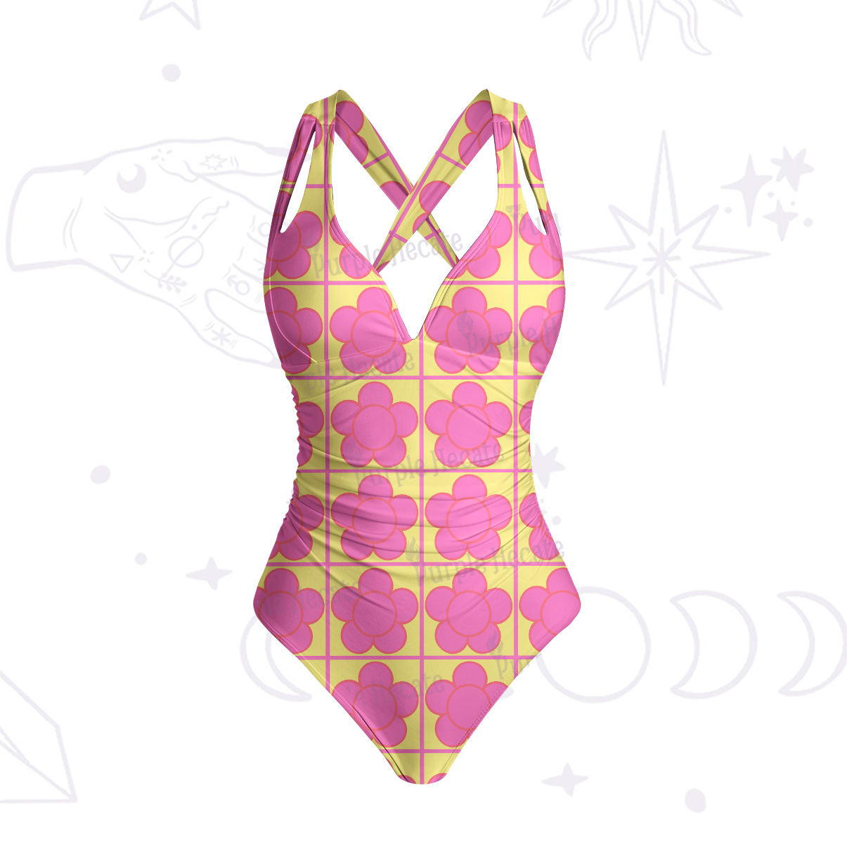 Purplehecate Bubble Flower Checkered One-Piece Swimsuit